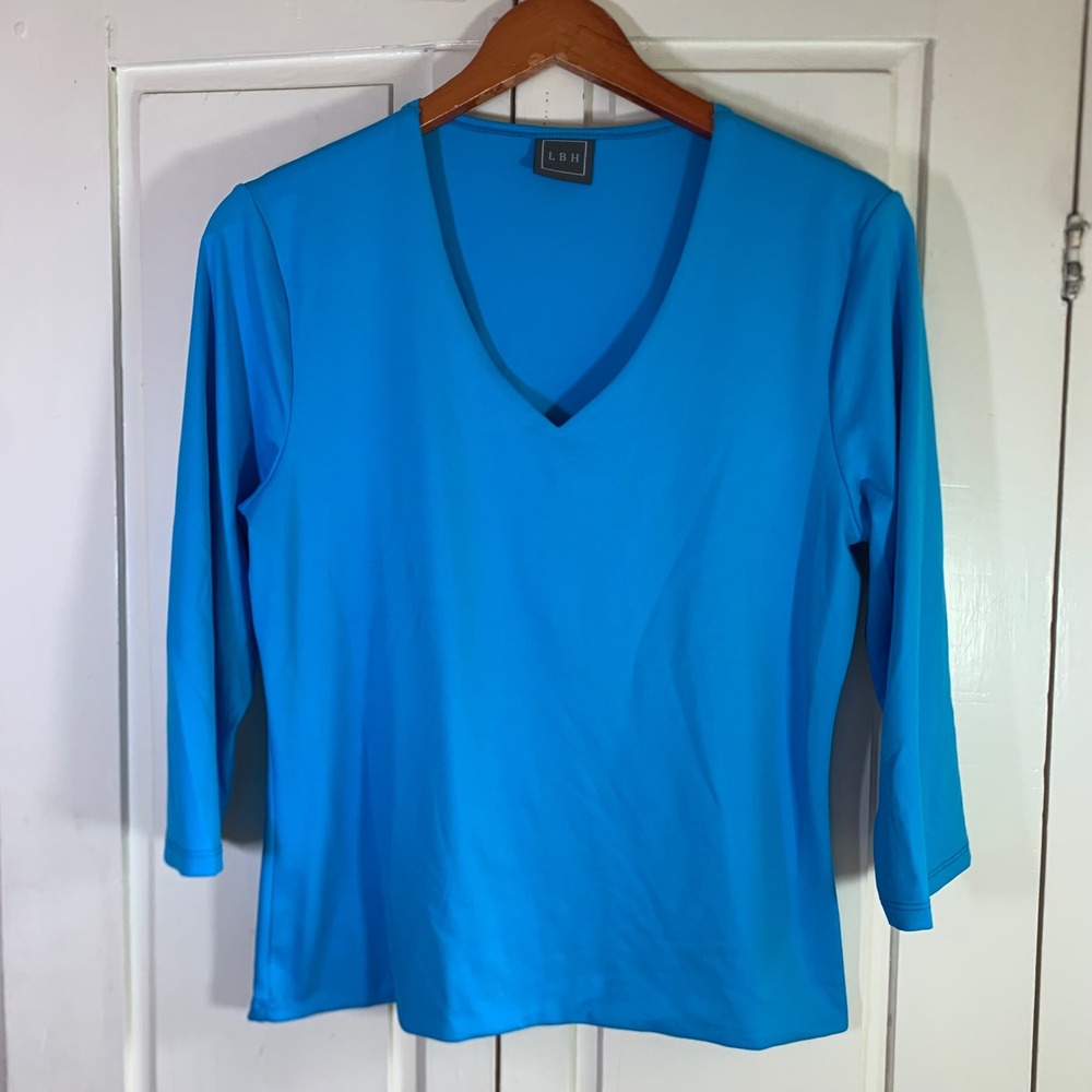 LBH Womens Blue V-Neck 3/4 Sleeve Tactel Nylon Spandex Top Large USA Stretch